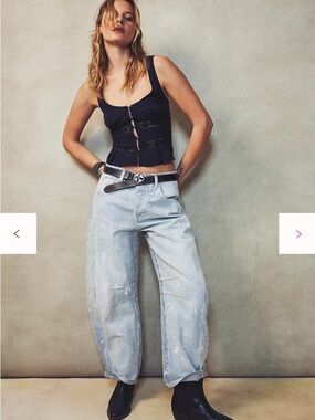 Free People We The Free Good Luck Mid-Rise Stripe Barrel Jeans 24